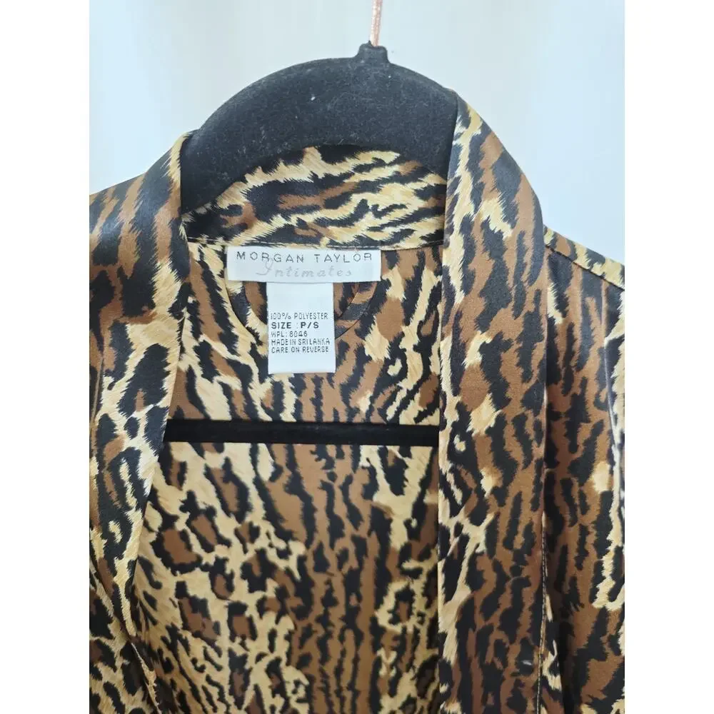 Morgan Tylor Leopard Kimono Robe‎ Womens S Brown Black Tie Front Satin Mobwives